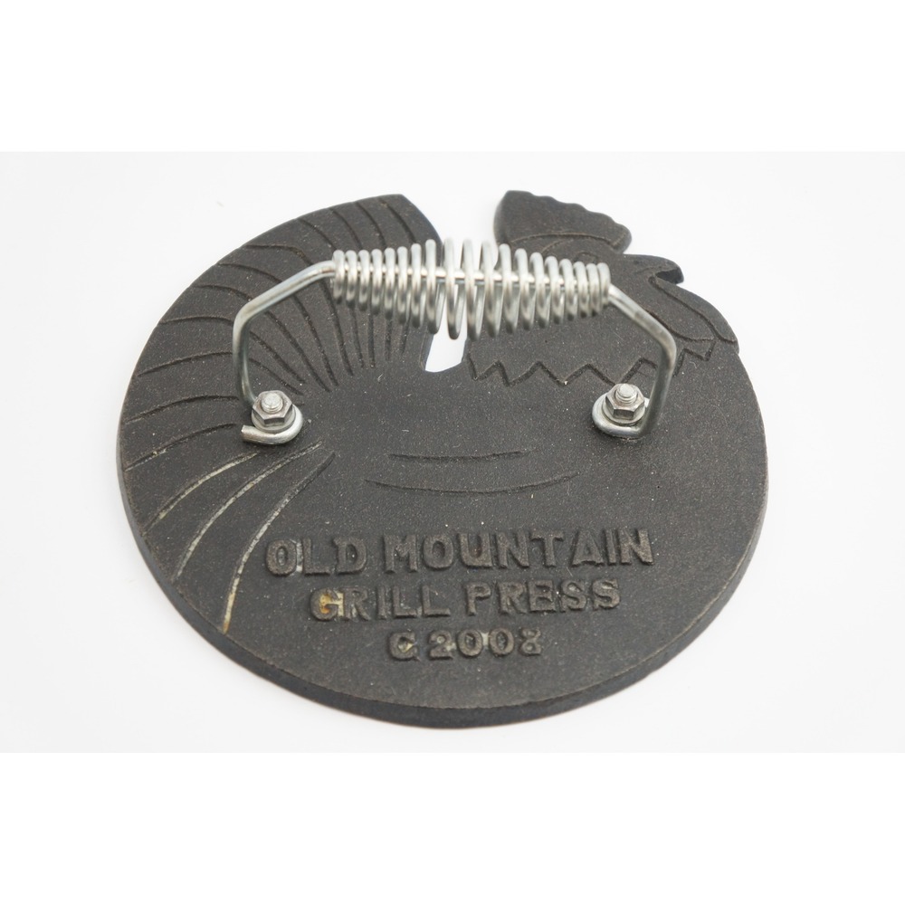 Old Mountain Grill Press Cast Iron Rooster Round Meat Weight Excellent